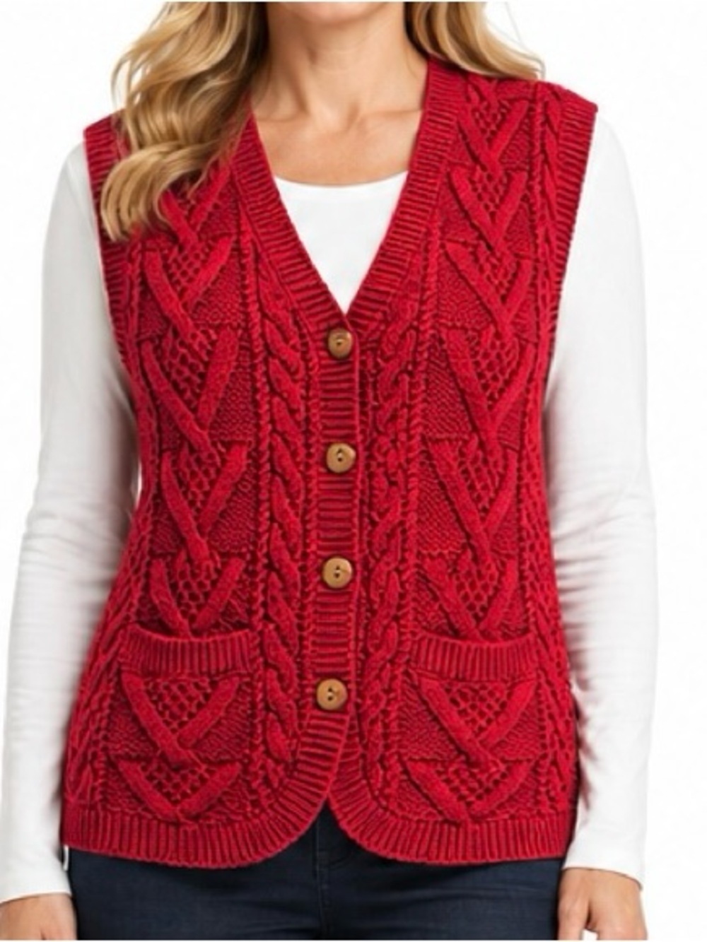 Vintage 80s–90s Liz Wear Red Cable Knit Sweater Vest Women’s Size Small